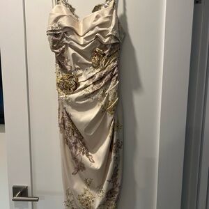 Luxurious Cream and Gold Floral Midi Dress